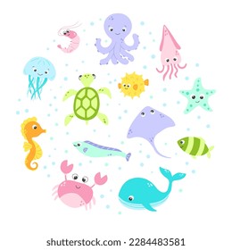 Vector cute fish and wild marine animals circle collection in flat style. Colourful set of ocean and sea life on white background