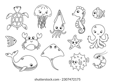 Vector cute fish and wild marine animals collection in flat style. Colourful set of ocean and sea life on white background