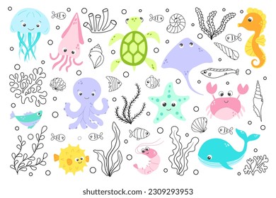 Pescado bonito vectorial y animales marinos salvajes gran colección en estilo plano. Colorido conjunto de vida marina y oceánica sobre fondo blanco