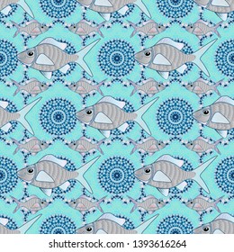 Vector cute fishes in neutral, gray and blue colors. Abstract fish seamless pattern. Freshwater fish sketch.