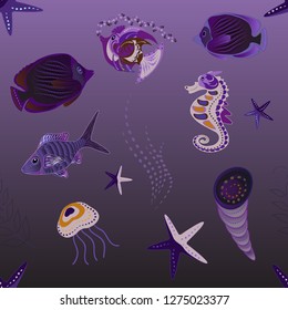 Vector cute fishes in violet, purple and gray colors. Abstract fish seamless pattern. Freshwater fish sketch.
