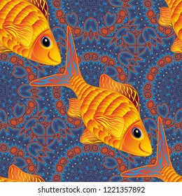 Vector cute fishes in yellow, violet and orange colors. Abstract fish seamless pattern. Freshwater fish sketch.