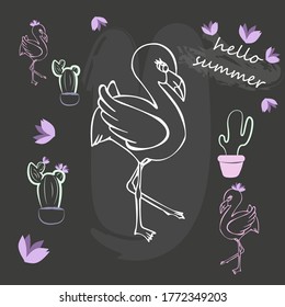 vector cute flamingo with flowers and cacti. summer illustration. Background - chalk board