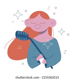 Vector cute flat illustration isolated on white. The singer sings a song into the microphone.