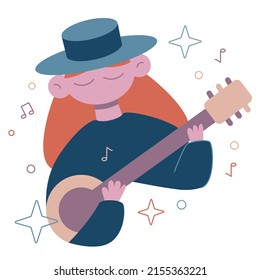 Vector cute flat illustration isolated on white. The musician plays the banjo.