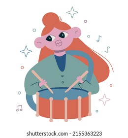 Vector cute flat illustration isolated on white. The drummer plays the drums.