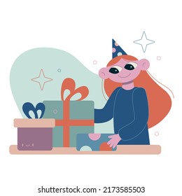Vector cute flat illustration isolated on white The girl carries a lot of gifts boxes