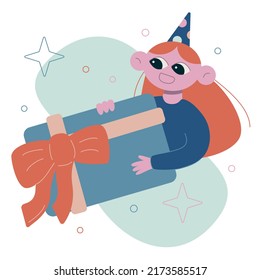 Vector cute flat illustration isolated on white Girl holding bonus gift card certificate