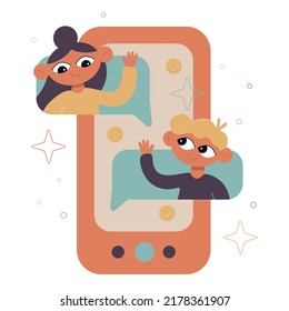 Vector cute flat illustration Man and woman are chatting in a messenger on the phone