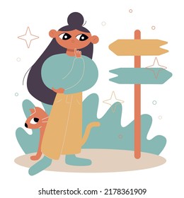 Ilustración plana vectorial linda La mujer está en la señal. Una chica de pensamiento elige un camino. Búsqueda