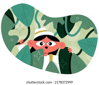 Ilustración plana vectorial linda La mujer se asoma por detrás de las hojas en la jungla en el bosque
