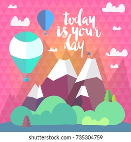 Vector cute flat landscape with air balloons, mountain and clouds background template