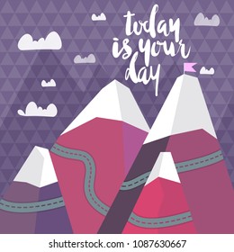 Vector cute flat landscape with mountain, clouds and road background illustration