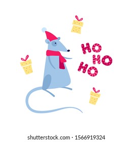 Vector cute flat mouse character illustration. Christmas symbol concept. Gray santa claus rat with cheese gift box and ho ho ho text. Design element for banner, poster, greeting card, invitation.