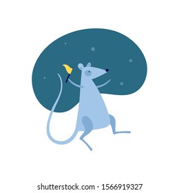 Vector cute flat mouse character illustration. Chinese new year celebration concept. Gray cartoon rat dance with flag on blue fluid background. Design element for banner, poster, card, invitation.