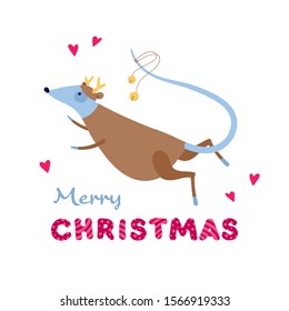 Vector cute flat mouse character illustration. Christmas symbol concept. Gray rat in reindeer outfit with hearts and merry christmas text. Design element for banner, poster, greeting card, invitation.