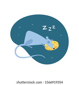 Vector cute flat mouse character illustration. China New Year symbol. Cartoon rat sleeping on cheese pillow with zzz on night fluid background. Design element for banner, poster, card, invitation.