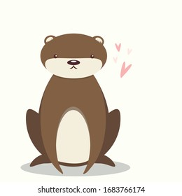 vector cute flat otter with small pink hearts. Funny childlike animal illustration.