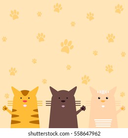 Vector cute flat pastel cat portrait with cat's paws pattern background.