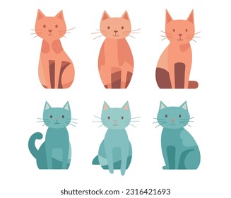 Vector cute flat sitting kitty set, isolated on white, adopt  pet, cartoon cat collection, vet domestic animal icon 