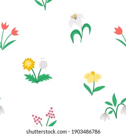 Vector cute flat spring flowers seamless pattern. Repeating background with first blooming plants. Floral digital paper. Tulips, dandelion, snowdrop, narcissus, lily texture.
