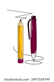 Vector cute flat style pencil with eraser, ball pen. Writing utensils icons set for school lesson notes. Stationery. Editable outline signs. Cartoon art for back to school card design, notebook cover