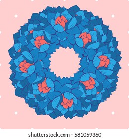 Vector cute floral blue and red wreath on pastel pink polka dot background