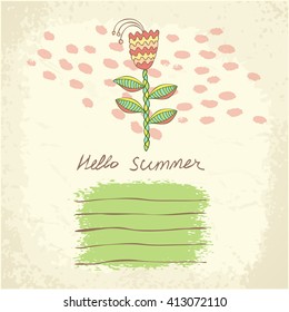 Vector cute floral card. Hand drawn colorful background. Greeting card with flowers can be used as invitation card for wedding, birthday and other holiday. Summer background. Vector illustration.