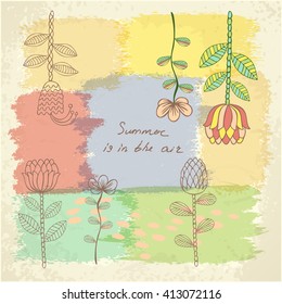 Vector cute floral card. Hand drawn colorful background. Greeting card with flowers can be used as invitation card for wedding, birthday and other holiday and summer background. Vector illustration.
