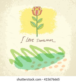 Vector cute floral card. Hand drawn colorful background. Greeting card with flowers can be used as invitation card for wedding, birthday and other holiday and summer background. Vector illustration.