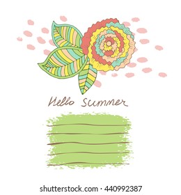 Vector cute floral card. Hand drawn colorful background. Greeting card with flowers can be used as invitation card for wedding, birthday and other holiday and summer background. Vector illustration.