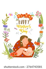 Vector Cute Floral Frame Composed with Cartoon Mother feeding Baby from Bottle