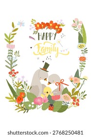 Vector Cute Floral Frame Composed with Cartoon Pigeons Family