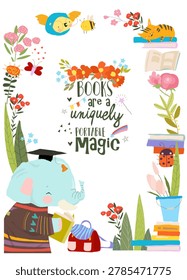 Vector Cute Floral Frame Composed of Elephant reading Book. Back to School