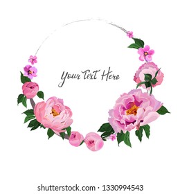 Vector cute floral frame of peonies, imitation of watercolor, background object, decorative element with the ability to place text.