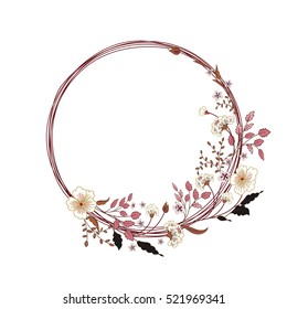 Vector cute floral round frame. Hand drawing illustration.