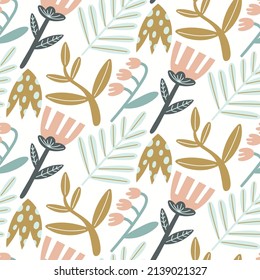 Vector cute floral seamless pattern in hand drawn style. Flowers and leaves in pink tones on a white background. Vector illustration for fashion design.