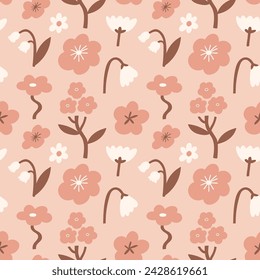 vector cute floral seamless pattern. Stylized flora in neutral color palette. Childish flower seamless pattern design for fabric or wallpaper, wrapping paper. Cute flowers on light background.