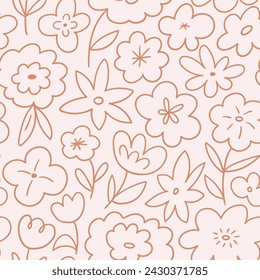 vector cute floral seamless pattern. Stylized flora in neutral color palette. Childish flower seamless pattern design for fabric or wallpaper, wrapping paper. Simple flowers on light pink background.