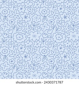 vector cute floral seamless pattern. Stylized flora in neutral color palette. Childish flower seamless pattern design for fabric or wallpaper, wrapping paper. Simple flowers on light blue  background.