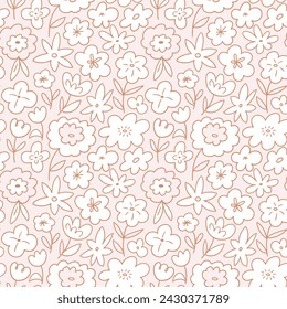 vector cute floral seamless pattern. Stylized flora in neutral color palette. Childish flower seamless pattern design for fabric or wallpaper, wrapping paper. Simple flowers on light pink background.