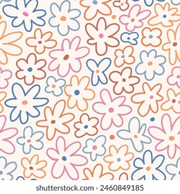 vector cute floral seamless pattern. Stylized colorful flowers. Childish ditsy seamless pattern design for fabric or wallpaper, wrapping paper. Simple daisy on light background.