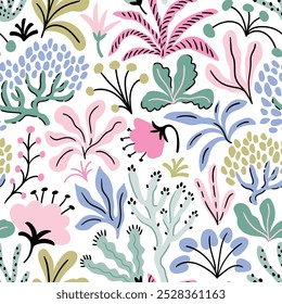 Vektor süße florale nahtlose Muster. Abstrakte Blumen auf weißem Hintergrund. Kinderliche Doodle-Botanik. Abstraktes botanisches nahtloses Print-Design für Kindergewebe oder Kindergarten-Tapeten.