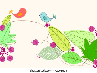 Vector cute floral spring birds illustration