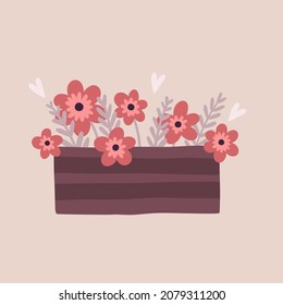 Vector Cute Flower Street Bed With Pink Flowers And Romantic Hearts