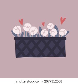 Vector cute flower street bed with withe flowers and romantic hearts