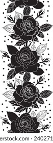 Vector cute flowers and leaves black rose vertical seamless pattern white background surface pattern border and dots. for fabric, wallpaper, prints. 
