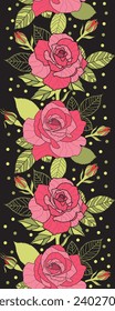 Vector cute flowers and leaves pink rose vertical seamless pattern black background surface pattern border and dots. for fabric, wallpaper, prints.