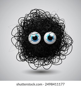 Vector cute fluffy character design,  with googly eyes. Funny monster mascote with black curly hair.