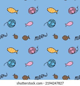 Vector cute fluffy  kawaii cat kitten textile cotton pattern art for kids set